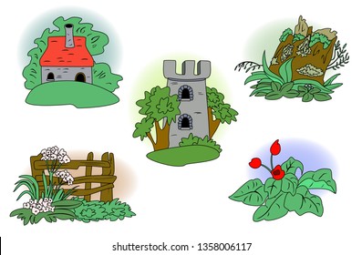 Set of images of nature: house, tower, flowers, etc. EPS10 vector illustration