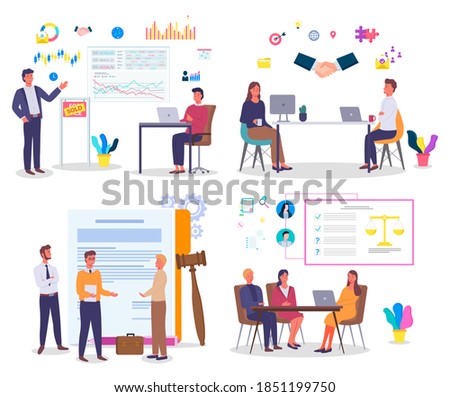 Set of images office workers, workflow. Managers, lawyers, litigation, marketers, teamwork. Planning, contracting, make deal, financial consulting. Infographic icons. Flat image for landing pages