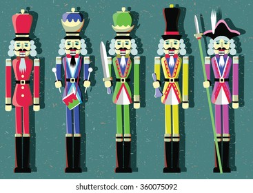 Set of images of old Wooden Nutcracker in different uniforms.