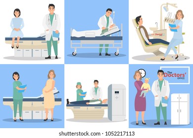 A set of images on a reception by a doctor. Vector illustration.