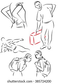 Set Of Images On The Theme Of Back Problems, Sore Lower Back, Clinging To The Waist, Bending Posture By Wearing Weights, Exercise