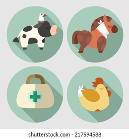 A set of images on the theme of Veterinary with an animals. Flat icons. Vector design templates in cartoon style. Treatment of pets.