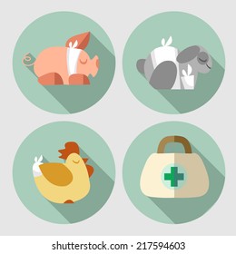 A set of images on the theme of Veterinary with an animals. Flat icons. Vector design templates in cartoon style. Treatment of pets.