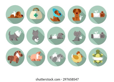 A set of images on the theme of Veterinary with an animals. Flat icons. Vector design templates in cartoon style. Treatment of pets.