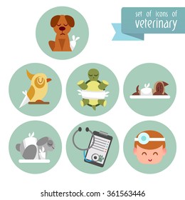 A set of images on the theme of Veterinary with an animals. Flat icons. Vector design templates in cartoon style. Treatment of pets.