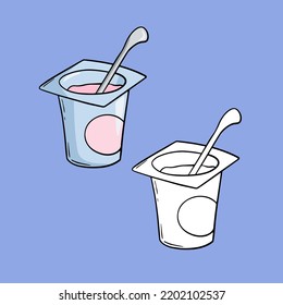 A set of images, an open small blue plastic jar with fruit yogurt and a spoon, a copy space, a vector in cartoon style on a colored background