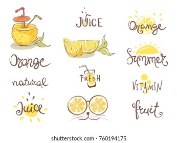 Set of images - Orange theme. Collection of vector images with cheerful oranges and hand drawn signs.