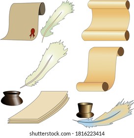 
set of images of parchment paper, inkwells and fountain pens