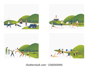 Set of images of people actively doing sport and resting outdoor. Vector illustration. Activity, leisure, relaxation. Sport and recreation concept for banner, website design or landing web page