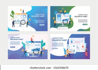 Set of images of people analysing graphs for better security. Business, diagram, finance. Flat vector. Business analysis concept banner, website design or landing web page