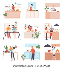 Set of images of people in the kitchen. Vector illustration.