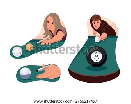 Set of images of people playing billiards with cue and balls, pool game scenes, snooker sport events collection, flat vector illustration isolated on white background.