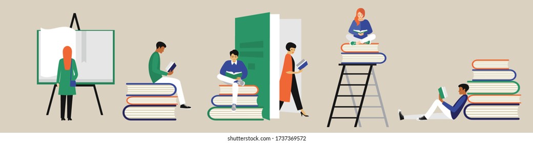 a set of images of people reading books. six different options, concise color scheme. a drawing in the style of the cartoon. stock vector illustration. EPS 10.