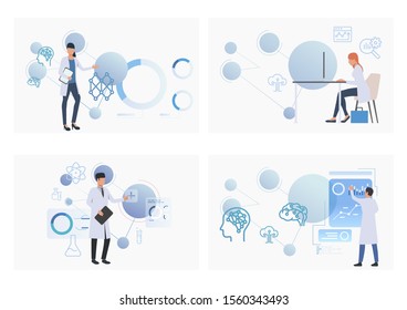 Set of images of people studying and analysing neural connection. Innovation, technology. Vector illustration with science concept for banner, website design or landing web page