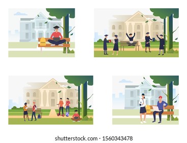 Set of images with people studying at universities. Education, knowledge, routine. Vector illustration with educational routine concept for banner, website design or landing web page