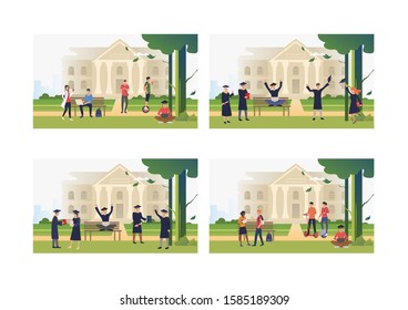 Set of images with people studying at universities. Flat vector illustrations of education, knowledge, routine. Educational routine concept for banner, website design or landing web page
