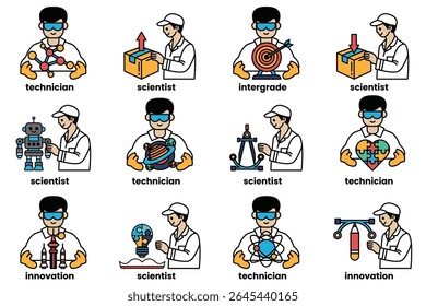 A set of images of people in white lab coats with the words Scientist, Technician, and Engineer on them