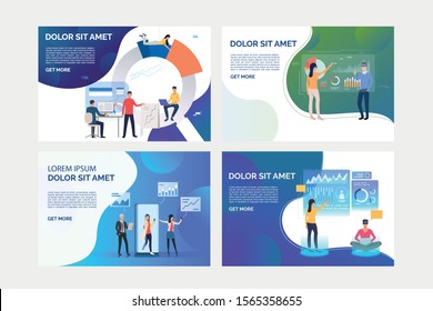 Set of images with people working virtually through Internet. Development, optimization, teamwork. Flat vector. Virtual reality concept for banner, website design or landing web page