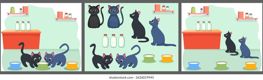 A set of images with pets in the kitchen, cartoon children's illustrations. Grey and black cats waiting for food. Vector image.