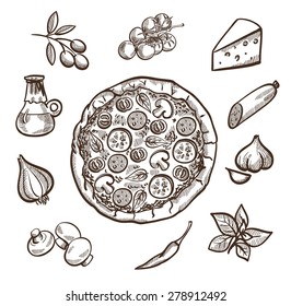 Set of images with pizza in the center and ingredients for pizza around