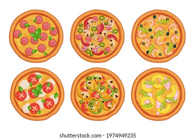 Set of images of pizza. Pizza margarita, mexican, seafood, hawaii pizza, pepperoni, vegetarian. Vector illustration on an isolated white background.