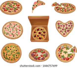 Set of images of pizzas of different types. Vector illustration on white background.