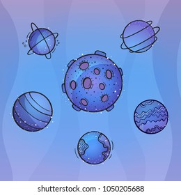 A set of images with the planets. Purple. Space background
