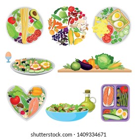 Set of images of plates with different foods. Vector illustration on white background.