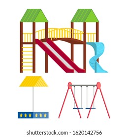 Set of images for the playground. Slides, sandpit, swing. Vector graphics.