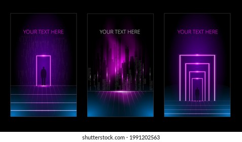 A set of images with a portal in virtual reality. Vector abstract background in cyberpunk style. Vertical banner or cover template.