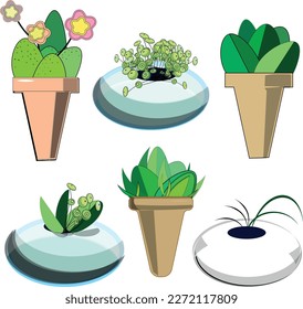 A set of images of pots with indoor plants, a collection of cute home plants in flower pot icon packs.