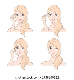 A set of images. Pretty Blonde girl looks after her eyebrows. Eyebrow makeup. Plucking, coloring and styling eyebrows.