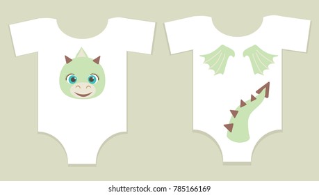 Set of images for prints of children's clothes, head, tail, dragon wings, vector illustration