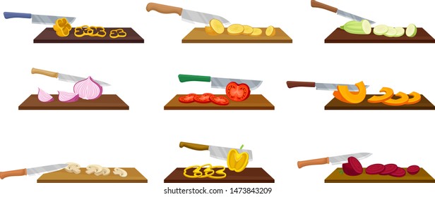 Set of images of the process of cutting vegetables. Vector illustration on a white background.