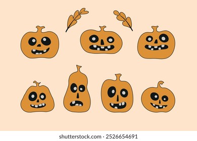 Set of images of pumpkin heads for Halloween, cheerful cartoon faces for October 31