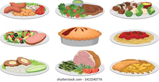 Set of images of ready meals. Vector illustration on white background.