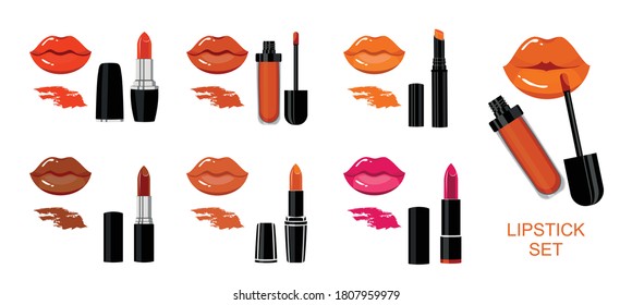 Set of images of red lipsticks and lips. Vector, white background, isolated.