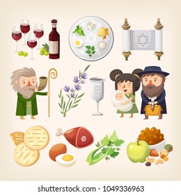 Set of images related to Passover or Pesach holiday. Traditional food, people and elements for creating holiday invitations, cards, posters and greetings. Isolated vector images.