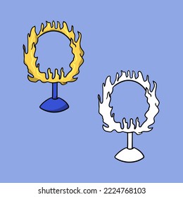 A set of images. Ring on a stand, fire ring for performing circus tricks, vector illustration in cartoon style on a colored background