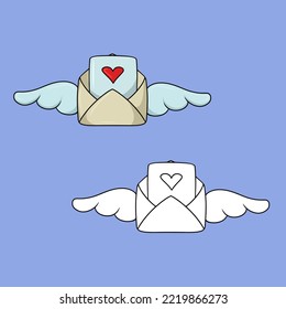 A set of images, a romantic envelope with wings for a declaration of love, a vector illustration in cartoon style on a colored background