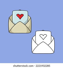 A set of images, a romantic open envelope, a letter for a declaration of love, a vector illustration in cartoon style on a colored background