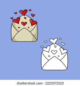 Un conjunto de imágenes, un sobre abierto romántico con corazones, una carta para una declaración de amor, una ilustración vectorial en estilo de caricatura en un fondo de color