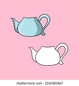 Set of images, round blue ceramic teapot for brewing tea, vector illustration in cartoon style on a colored background