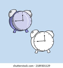 A set of images, a round lilac alarm clock, a vector illustration in cartoon style on a colored background