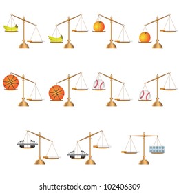 Set of images with scales and cigarettes on one side and healthy things on another side.