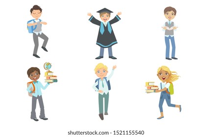 Set of images of schoolchildren in different situations. Vector illustration.