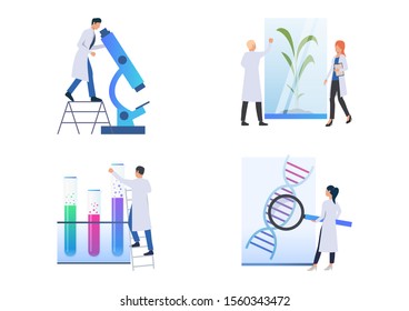 Set of images of scientists exploring material under microscope. Technology, chemistry, laboratory, DNA. Vector illustration with science concept for banner, website design or landing web page