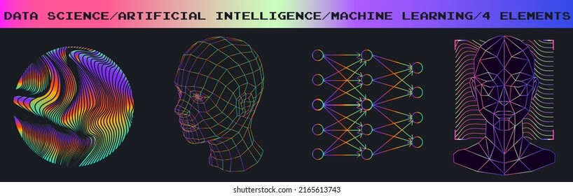 Conjunto de imágenes en estilo futurista de ciencia ficción. Ilustraciones conceptuales para redes neuronales y sujetos de inteligencia artificial.