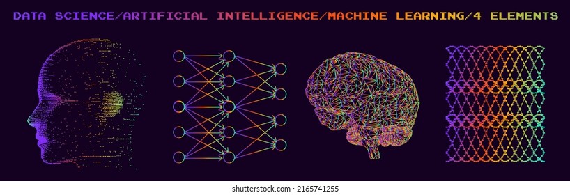 Set of images in sci-fi futuristic style. Concept illustrations for neural network and artificial intelligence subjects.