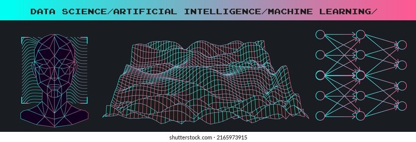 Set of images in sci-fi futuristic style. Concept illustrations for neural network and artificial intelligence subjects.